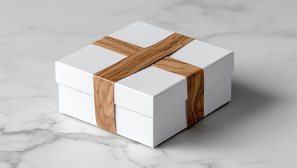 White gift box with light brown wooden cross-wrap on marble surface