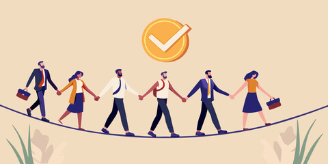 Diverse group of professionals holding hands while walking a tightrope under a golden checkmark symbol