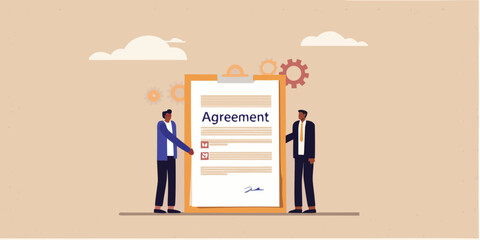 Two businessmen standing next to a large agreement document on a clipboard with gears and clouds in the background