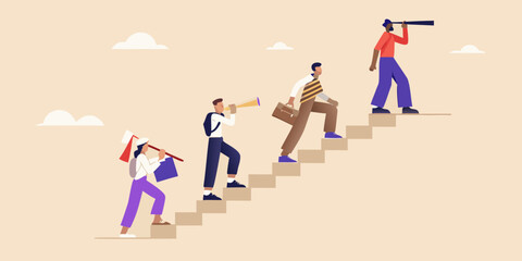 Diverse group of people climbing stairs towards future opportunities and success with vision