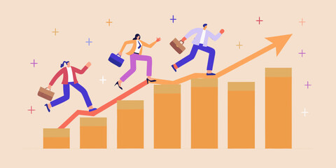 Business professionals running up a graph symbolizing growth and success with an upward arrow