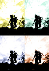 Naklejka premium silhouette of two jumping child