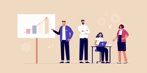 Diverse business team collaborating on a presentation with a growing bar chart and laptop