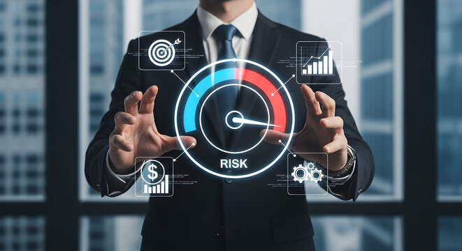 Businessman assessing financial risk with modern digital interface