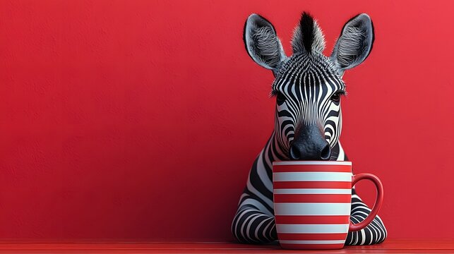 A cute zebra with striking stripes leans over a red and white striped mug against a vibrant red background