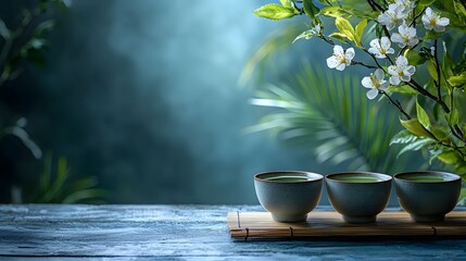 Three bowls of vibrant green matcha tea presented on a bamboo tray amidst serene natural foliage and delicate white blossoms