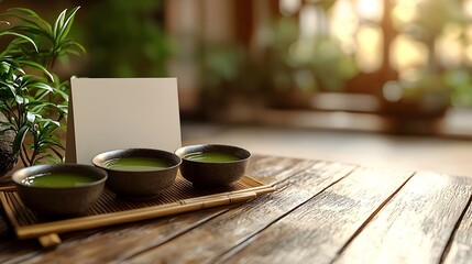 Serene matcha tea set with a blank card on a rustic wooden table