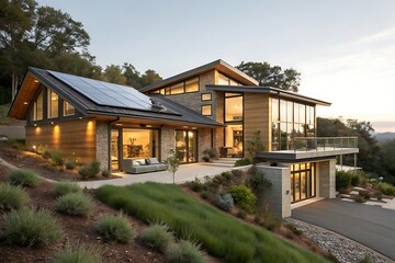 Fototapeta premium Modern Home with Solar Panels and Beautiful Landscape Exterior View