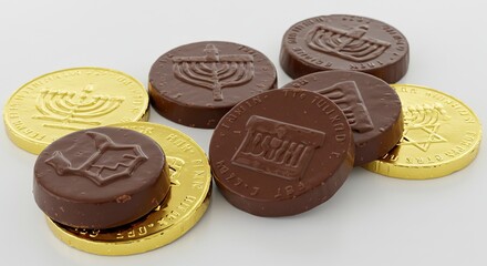 Assorted chocolate and goldwrapped gelt coins with Jewish symbols are arranged on a white surface