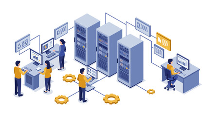 Fototapeta premium Modern data center isometric design with team managing servers and network connections