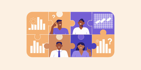 Diverse team collaborating on business strategy and data analysis represented by puzzle pieces