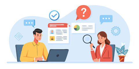 Two people collaborating on a project analyzing data and resumes with a laptop and magnifying glass