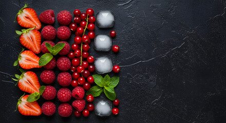 Arrangement of fresh strawberries, raspberries, currants, ice and mint leaves