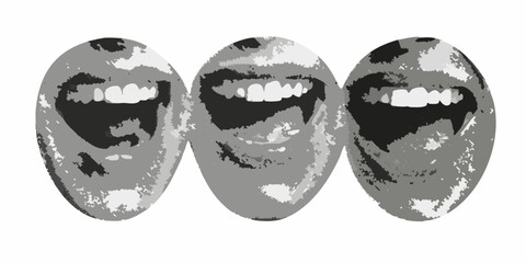 Three abstract oval shapes with open mouths and white teeth in a grayscale graphic style
