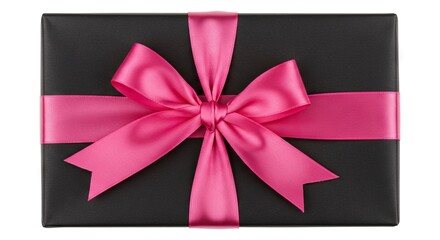 Black gift box with pink ribbon and bow presented on a white background