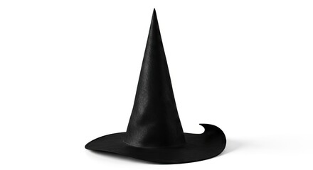 Fototapeta premium Black witch hat with a tall cone and curled brim stands on a white background