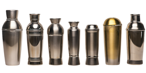 Assortment of Metal Cocktail Shakers in Various Styles and Sizes barware drinkware isolated on a transparent background