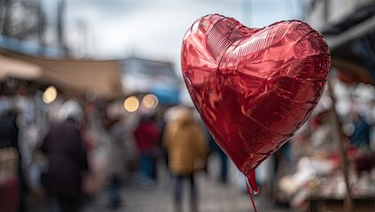 Red heart-shaped balloon in a busy market