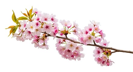 Cherry blossom branch with pink  white flowers  green leaves against a white background