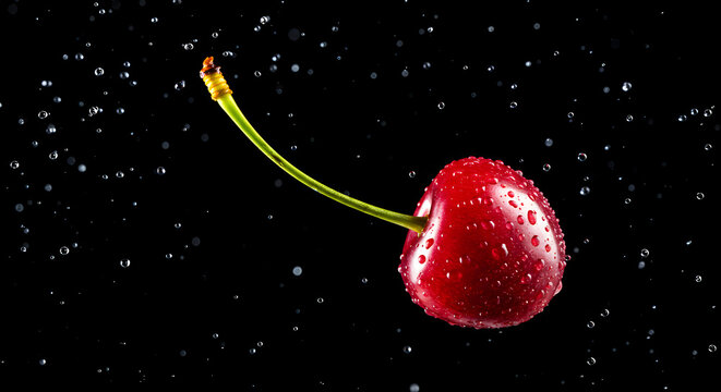 A single red cherry with water droplets isolated against a black background