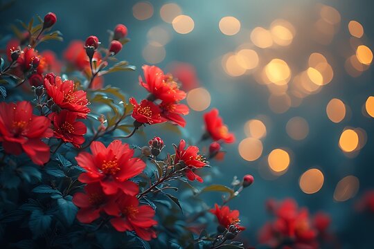 Red Flowers Blooming with Golden Bokeh Lights nature