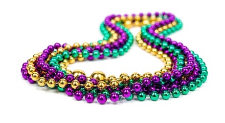Colorful Mardi Gras beads gold green and purple necklaces on white backdrop