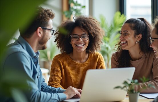 Diverse young adults collaborate and laugh around a laptop in a modern office setting. They wear casual attire, enjoying coffee, fostering teamwork and positive communication during a project meeting.