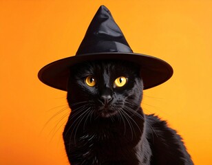 Spooky Cat in Witch Hat on orange background 