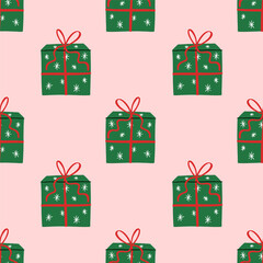 Vector seamless pattern with cute doodle Сhristmas green presents on pink background. Hand drawn  illustration. Trendy Xmas print