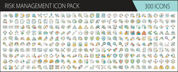 Risk Management Icon Pack for Business Safety - Vector collection of 300 colorful risk management icons, illustrating safety, warning, insurance, analysis, and protection concepts for professional use