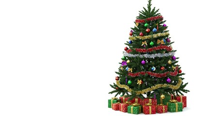 Naklejka premium Decorated Christmas tree stands with gift boxes beneath against a white background