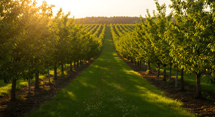 Cherry orchard with rows of trees in the countryside at sunset