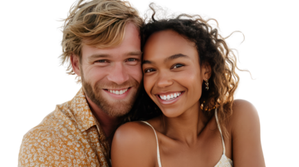Radiant Connection: An interracial couple share an intimate moment, their faces illuminated with warmth and genuine smiles, radiating a sense of unity and happiness.