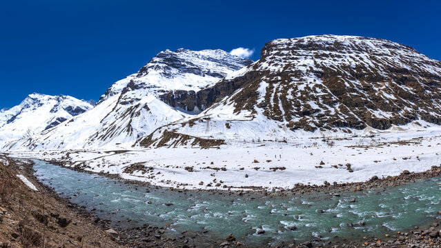 Serene Landscape of Chenab river valley near Sissu village in Lahaul Spiti district of Himachal Pradesh, India. It is famous among tourists as connected by Atal tunnel north portal.