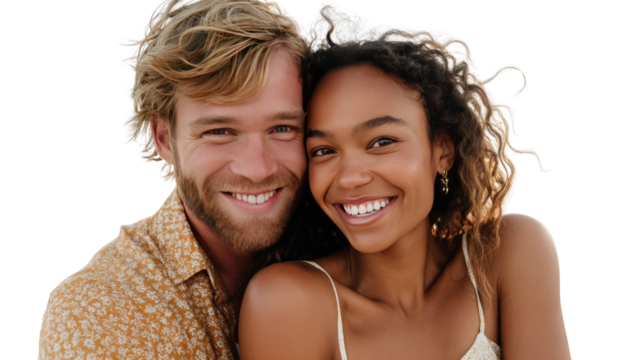 Radiant Connection: An interracial couple share an intimate moment, their faces illuminated with warmth and genuine smiles, radiating a sense of unity and happiness.
