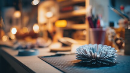 Medium shot featuring a 3D printed accessory prototype sharply in focus while the creative workspace and materials fade gently into the background.