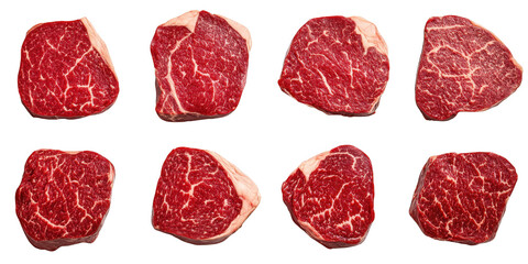 Eight Raw Beef Steaks with Marbling meat food isolated on a transparent background