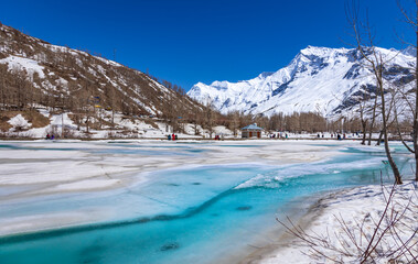 Sissu Lake located near waterfall in the scenic Sissu Valley is a popular tourist destination to enjoy vacations among tourist who visits most popular hill station Manali, Himachal Pradesh, India.