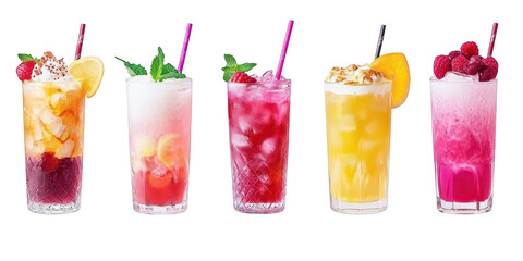Five Colorful Fruity Cocktails with Straws and Garnishes on Black clear drink isolated on a transparent background
