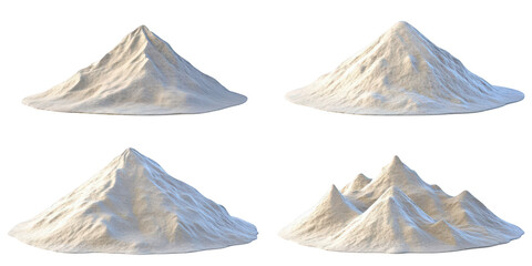Four Different Piles of White Powder or Sand with Mountain Peaks heap isolated on a transparent background