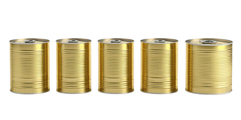 Five Golden Metal Food Cans Lined Up Keywords: aluminum, canned, can, container, food isolated on a transparent background