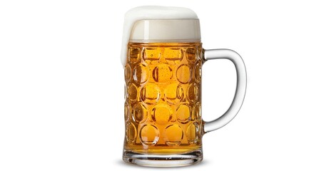 Glass mug filled with amber beer topped with a foamy head on a white backdrop