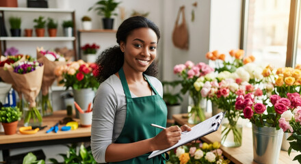 African american woman florist checks inventory in flower shop. Female small business owner working with clipboard for flower delivery.