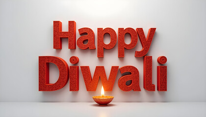 Happy Diwali Bold Red Typography White Background with Traditional Diya Flame Minimalist Greeting for Hindu Festival of Lights