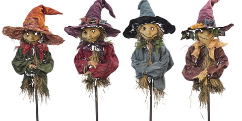 Four Whimsical Scarecrow Figures with Colorful Hats and Rags Keywords: scarecrow, figure, doll, autumn isolated on a transparent background