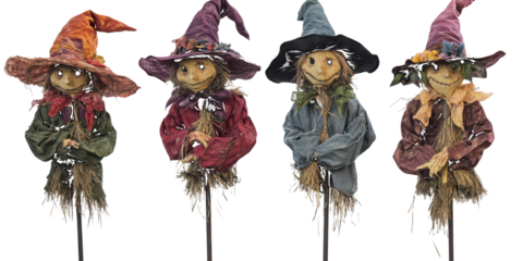 Four Whimsical Scarecrow Figures with Colorful Hats and Rags Keywords: scarecrow, figure, doll, autumn isolated on a transparent background