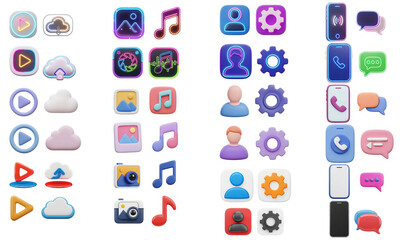 A collection of colorful, three-dimensional app icons representing various digital functions like media playback, cloud storage, photo galleries, music, user...