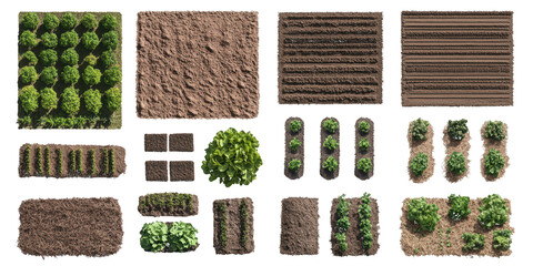Overhead View of Various Garden Plots and Agricultural Elements agriculture farming isolated on a transparent background