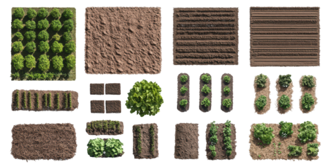 Overhead View of Various Garden Plots and Agricultural Elements agriculture farming isolated on a transparent background