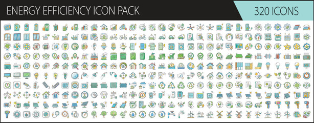 Energy efficiency and renewable resource icon set - Collection of 320 colorful energy efficiency icons featuring renewable power, eco-friendly solutions, sustainability, green technology